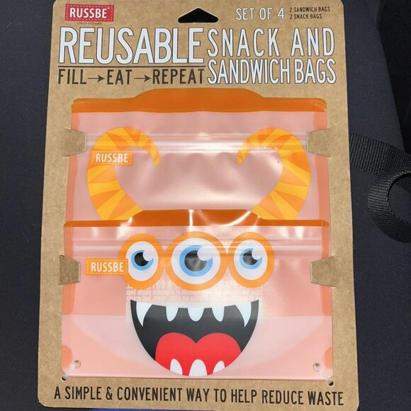 New! Russbe Lunch Systems Reusable 2 Snack and 2 Sandwich Bags Monsters 4 total - Picture 1 of 1